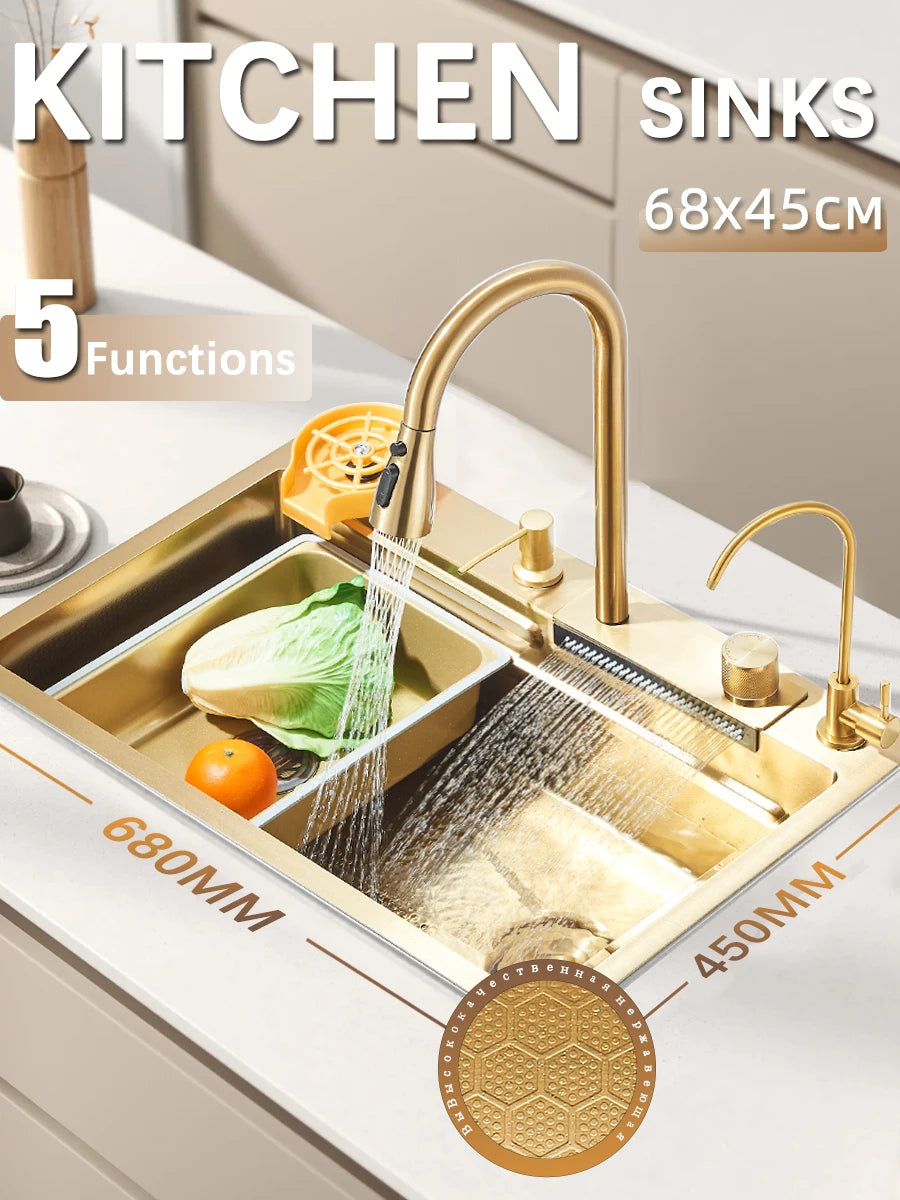Quyanre 304 Stainless Steel Waterfall Kitchen Sink With Integrated Faucet Set Soap Dispenser Pure Water Cup Washer