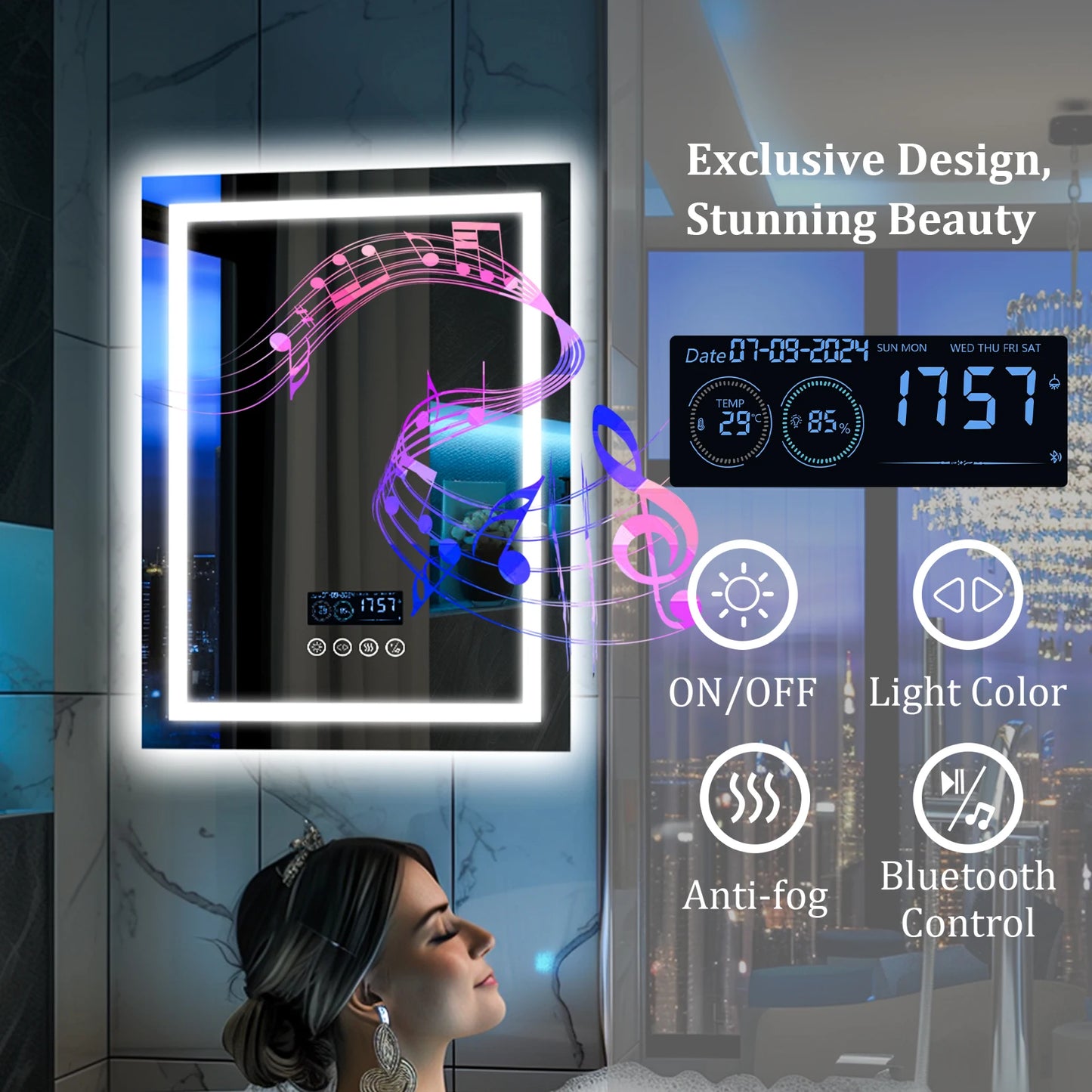 Wisfor LED Lighted Bathroom Mirror With Bluetooth Speaker Vanity RGB