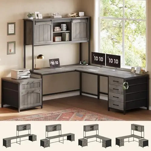 Farmhouse L Shaped Desk with 6 Drawers and Power Outlet