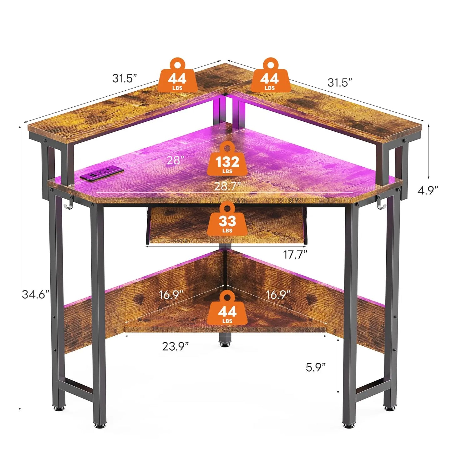 JHK Corner Desk With LED Lights And Storage Shelves