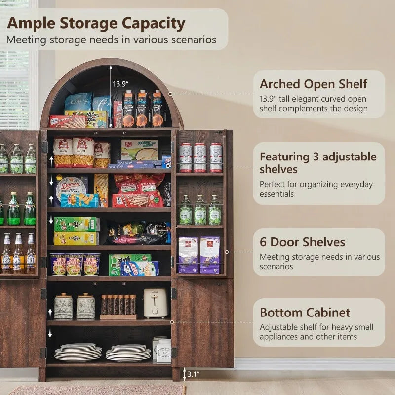 Arched Pantry Cabinet With 3 Adjustable Shelves And 6 Shelves