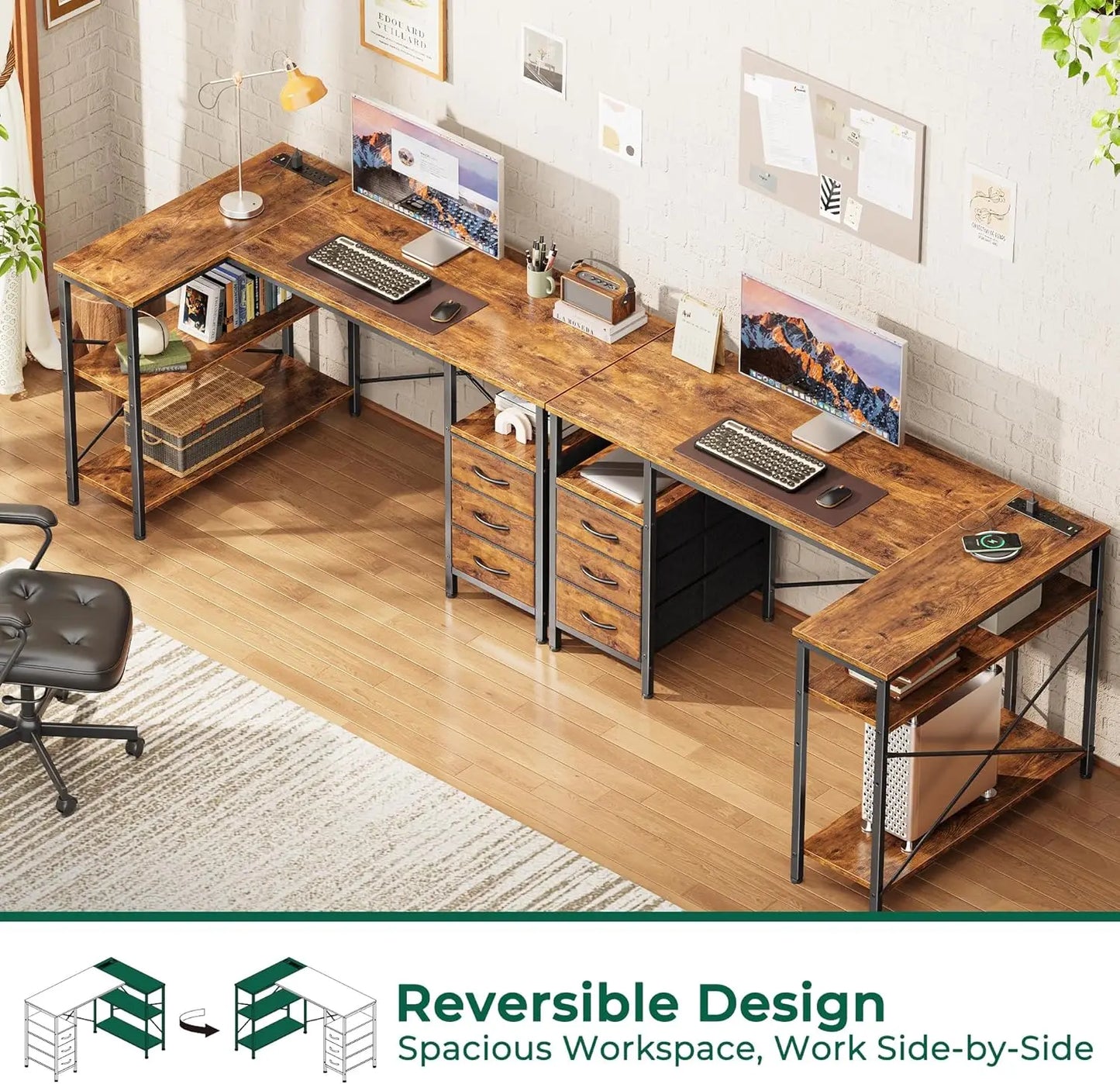 L-Shaped Office Desk With Power Outlets, 3 Drawers, Shelves