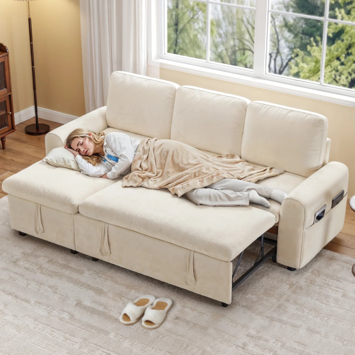 ONBRILLCN L Shaped Sleeper Sofa With Storage Chaise Built In Sleep Surface And Plush Comfort