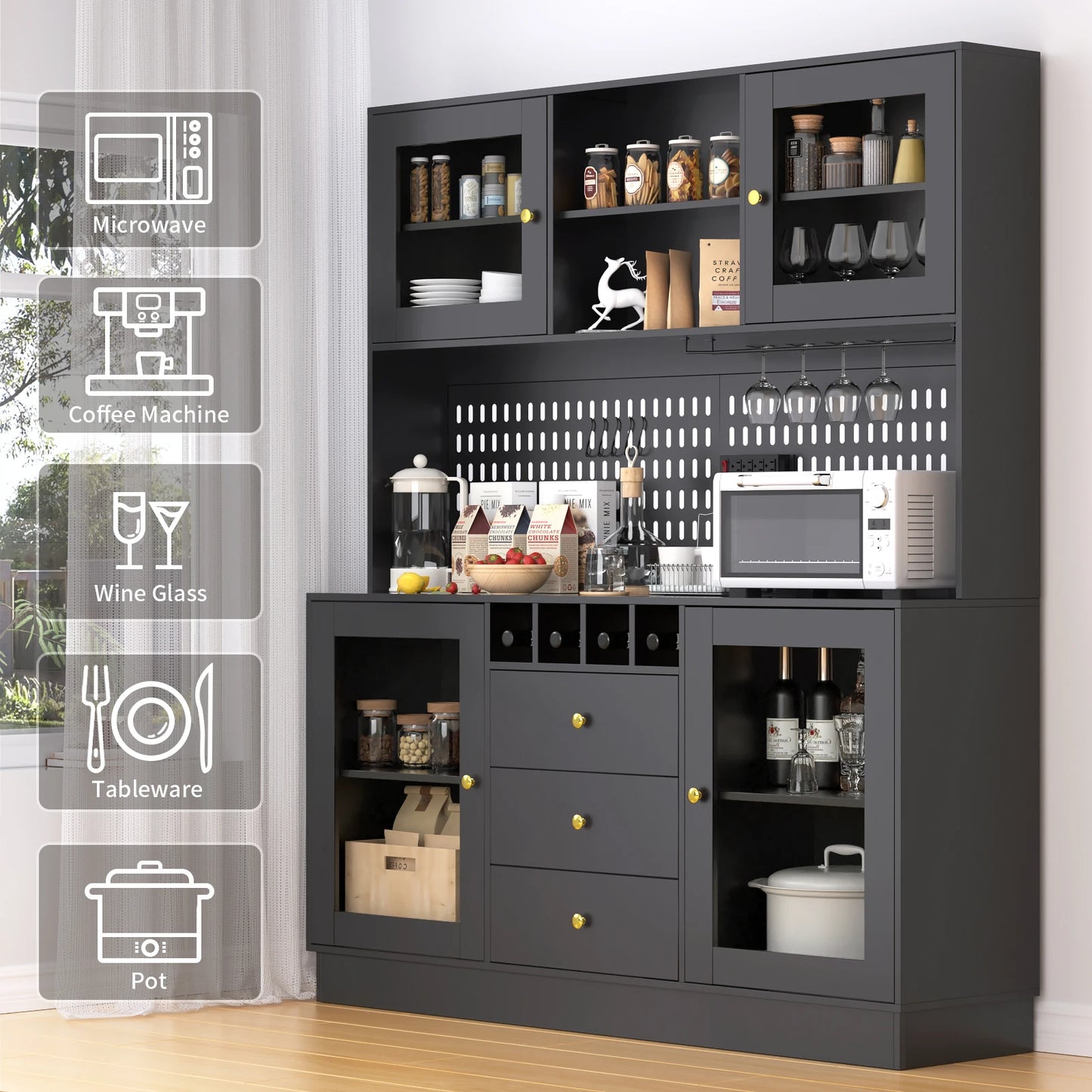 VOWNER Pantry Cabinet Freestanding Kitchen Storage Buffet Pegboard