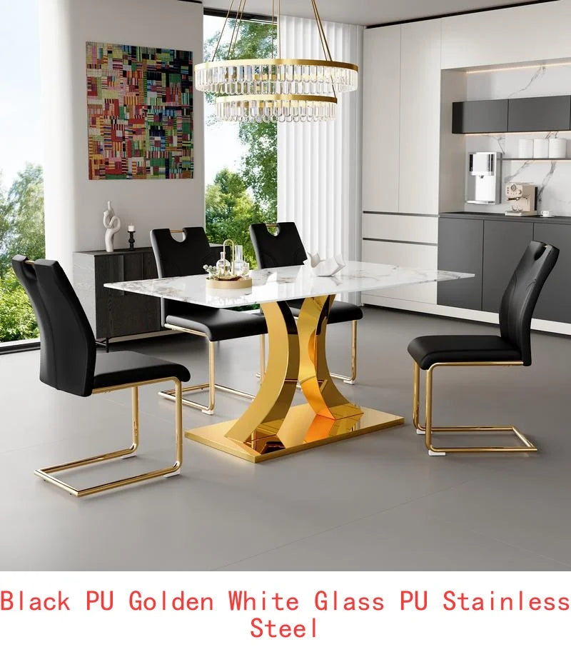 Marble Patterned Pressed Glass Dining Table Set With Gold Accent