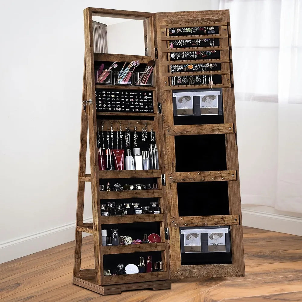 Lockable Floor Standing Wooden Jewelry Armoire with Full Length Mirror 360°Rotatable Jewelry Organizer Cabinet