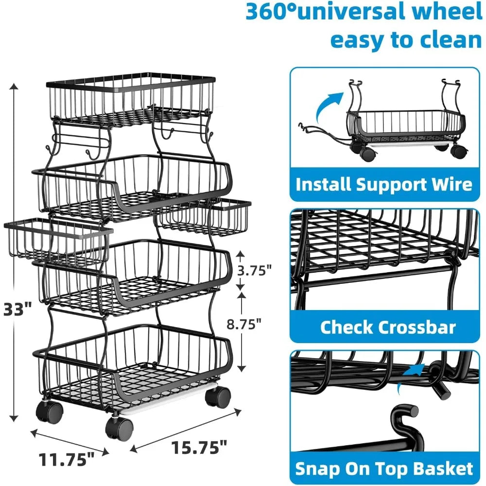 4 Tier Rolling Cart With Wheels And Two Hanging Baskets For Kitchen Storage Metal Wire