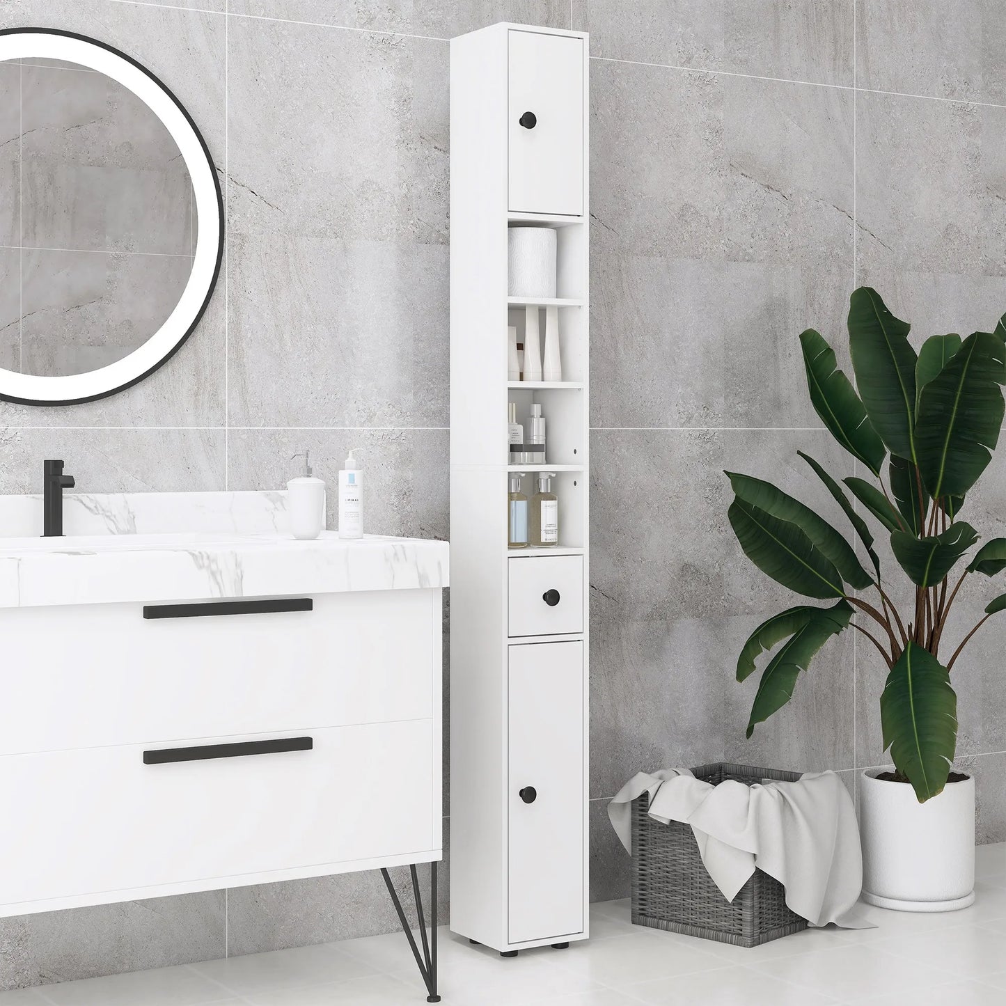 KLEANKIN Bathroom Storage Cabinet With Open Shelves And Doors