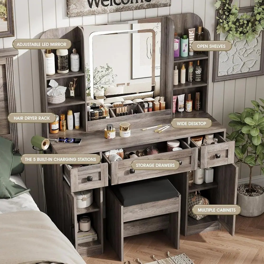 LED Illuminated Makeup Desk With Storage And Vanity Mirror