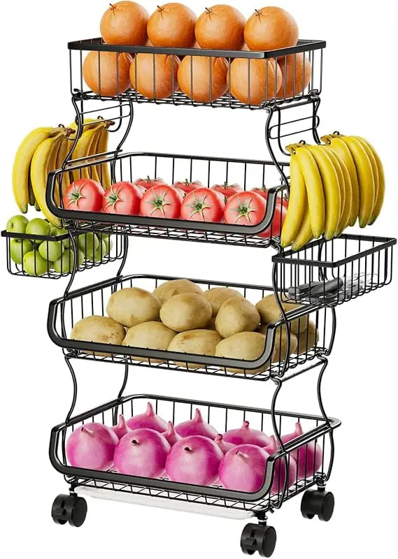 4 Tier Rolling Cart With Wheels And Two Hanging Baskets For Kitchen Storage Metal Wire