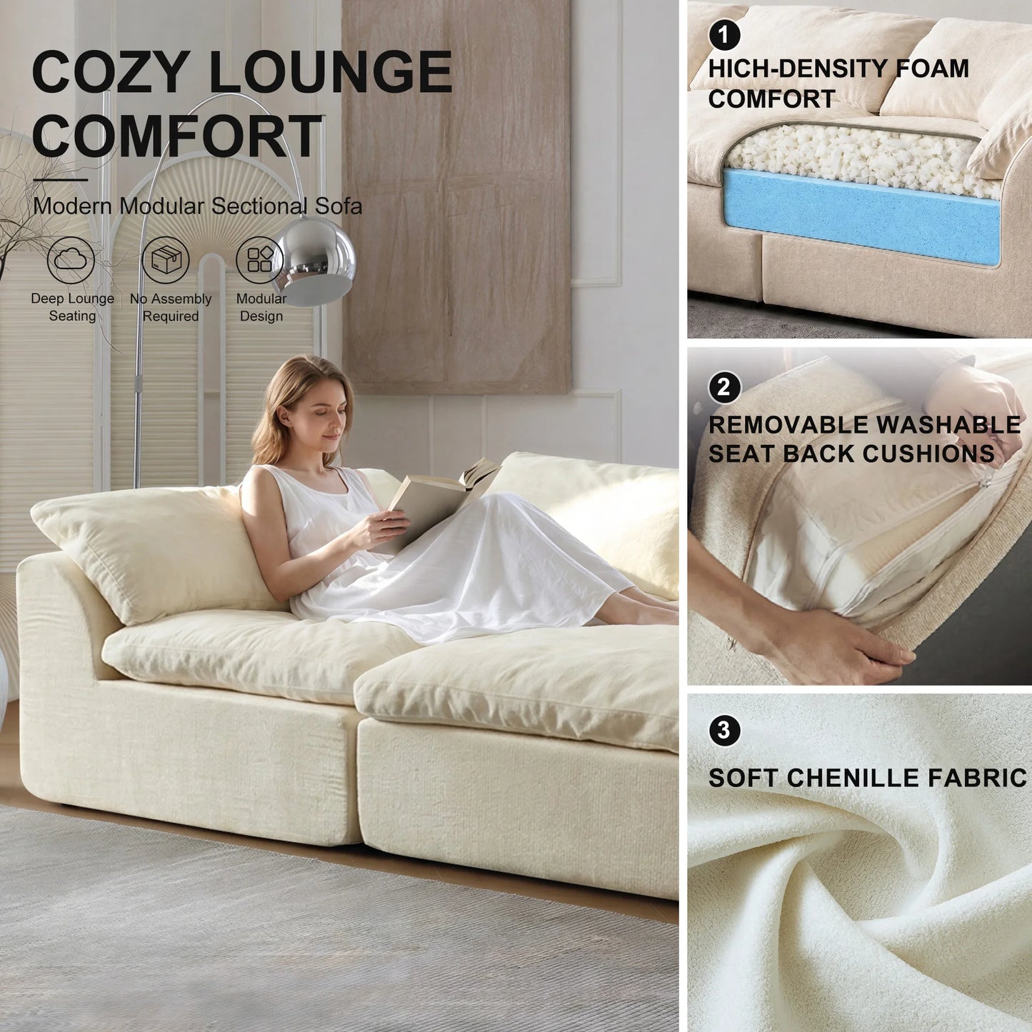 Yeflixvrau Modern Modular Sectional Sofa Cloud Couch With Removable Cushions