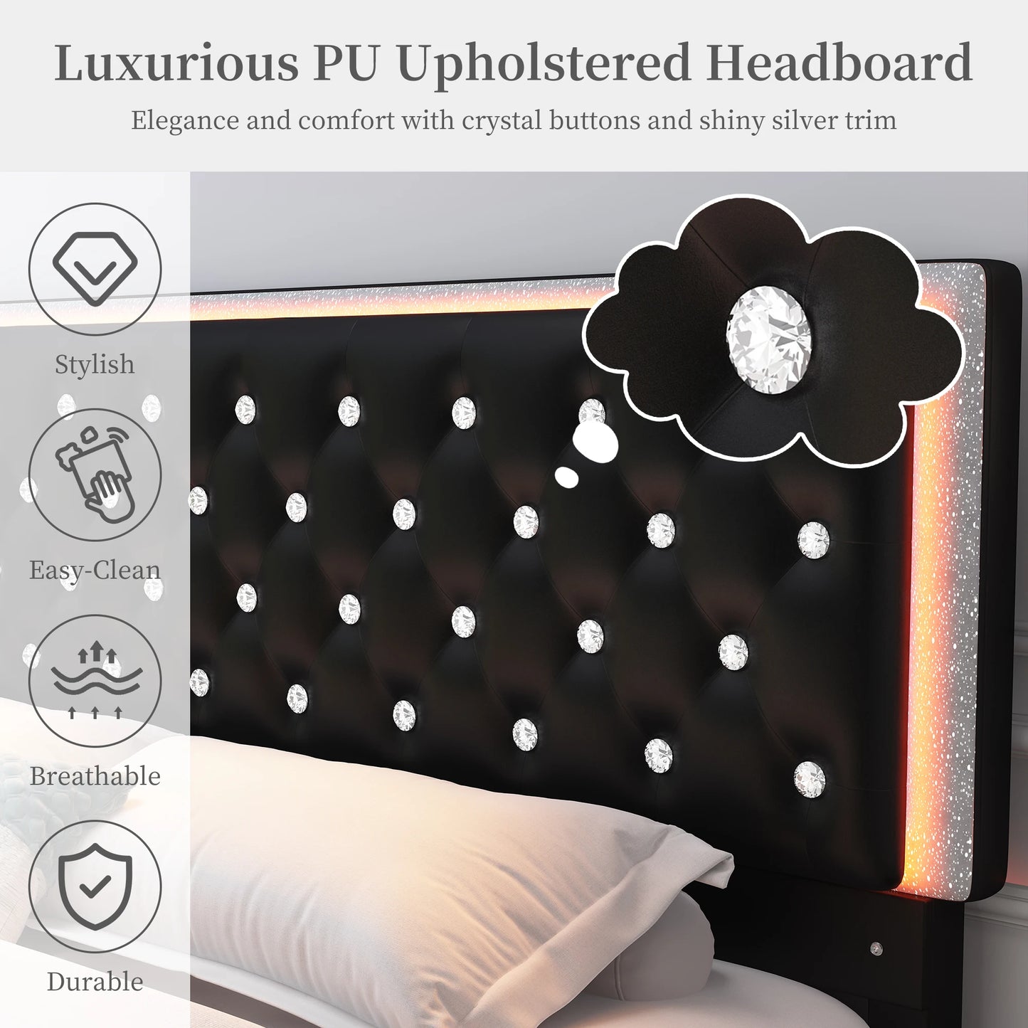 Led PU Bed Frame With 2 Drawers And Tufted Headboard