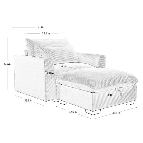 Modular Corduroy Sofa With Storage Ottoman For Living Room
