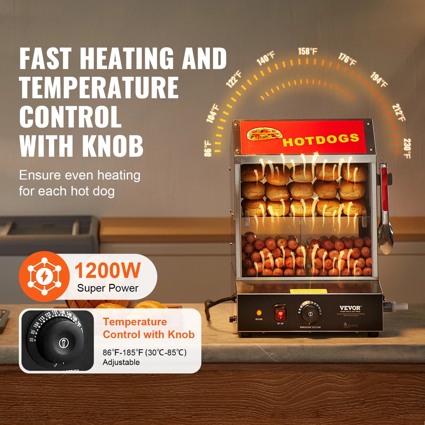 VEVOR Hot Dog Steamer With Temperature Control Bun Warmer