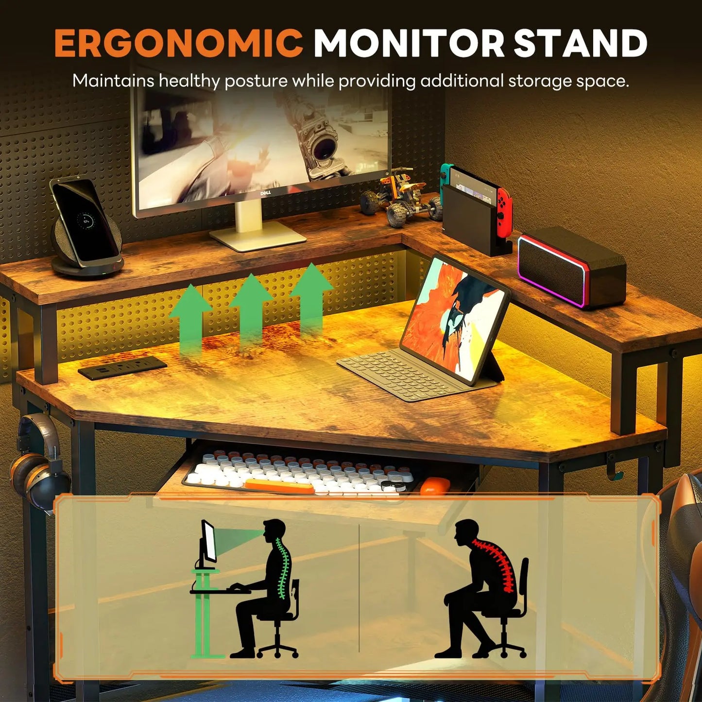 JHK Corner Desk With LED Lights And Storage Shelves