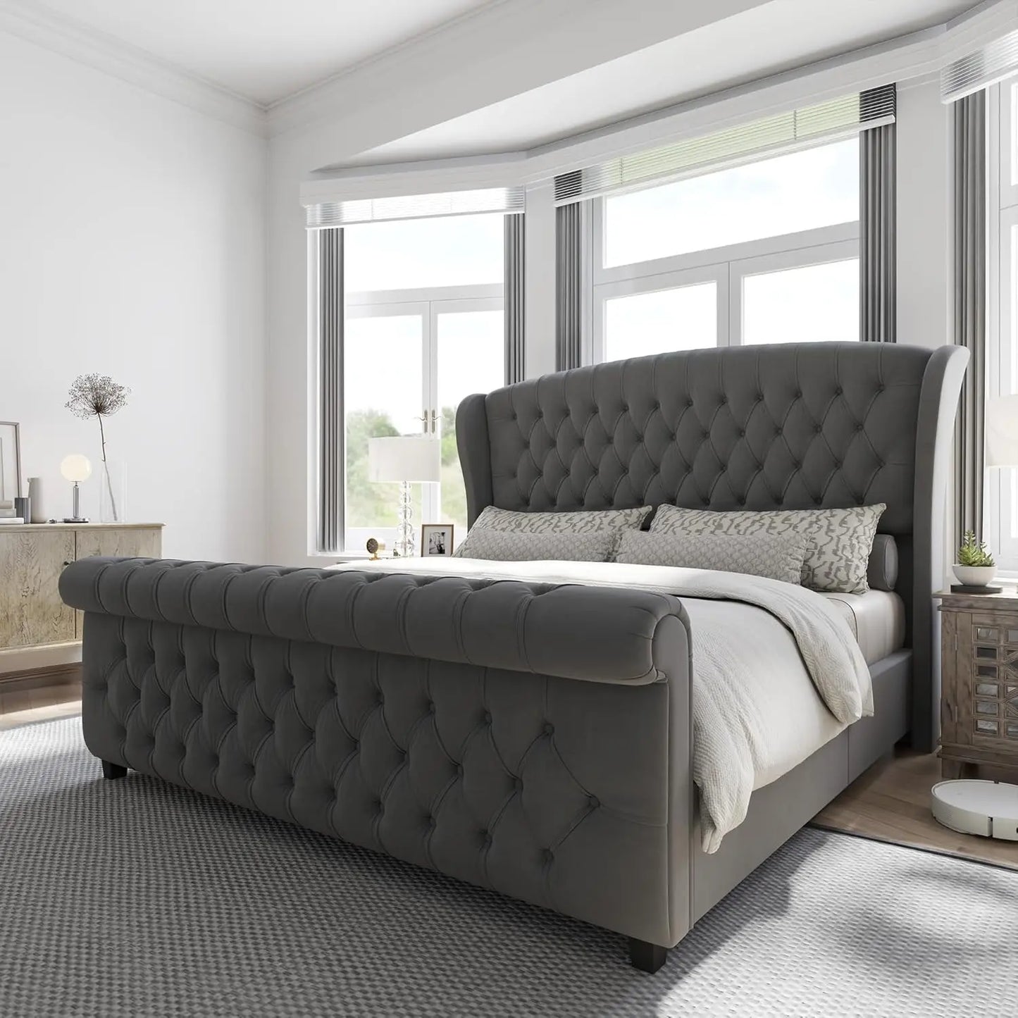 Platform Bed Frame With Scroll Wingback Headboard Footboard Velvet Upholstery
