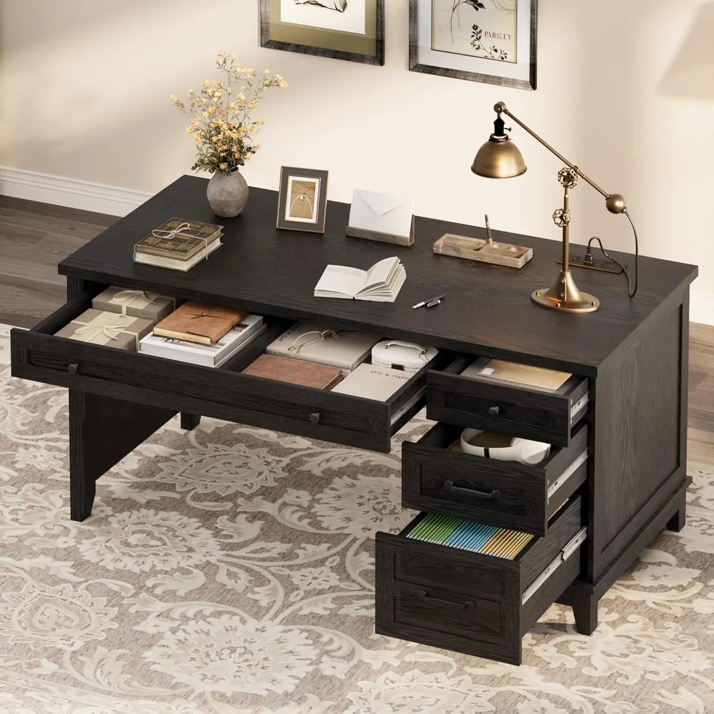 Farmhouse Executive L Shaped Desk With Drawers And Charging Station