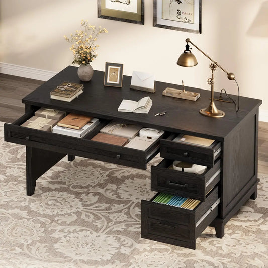 Farmhouse Executive L Shaped Desk With Drawers And Charging Station