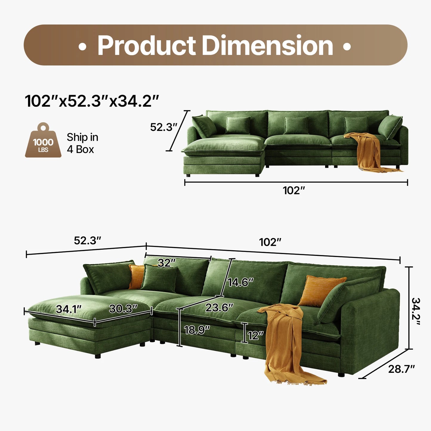 QWCCN Modern L Shaped Velvet Modular Sectional Sofa With Ottoman
