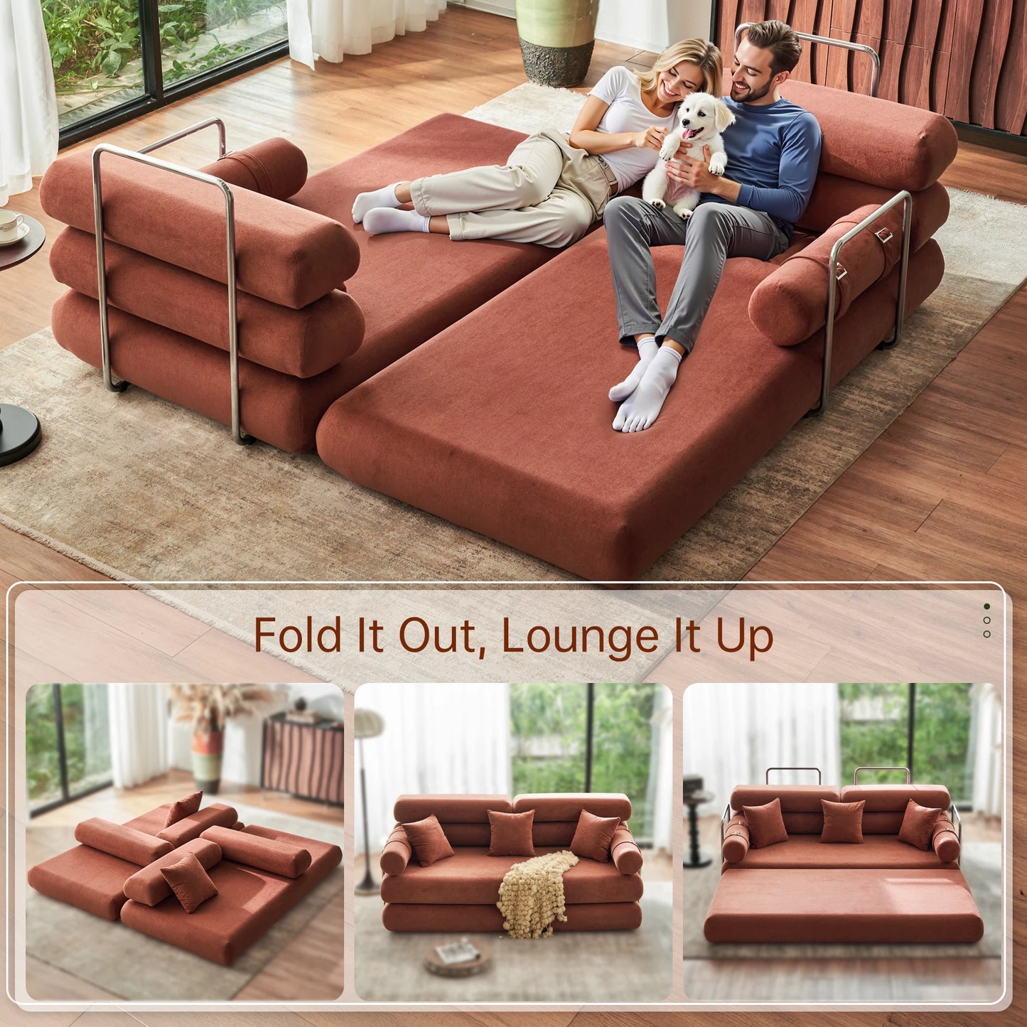 Convertible Sleeper Sofa Bed With Rounded Arm Supports PremiumMemoryFoam Comforts