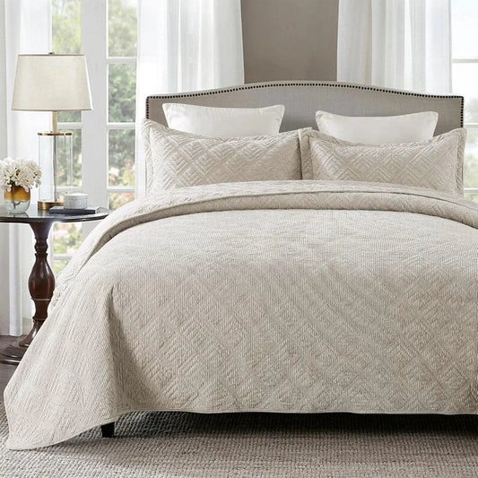 Queen Size Bedspread Quilt Set 3 Piece Embroidered Corduroy Lightweight Warm All Season Bedding Coverlet in Greyish White