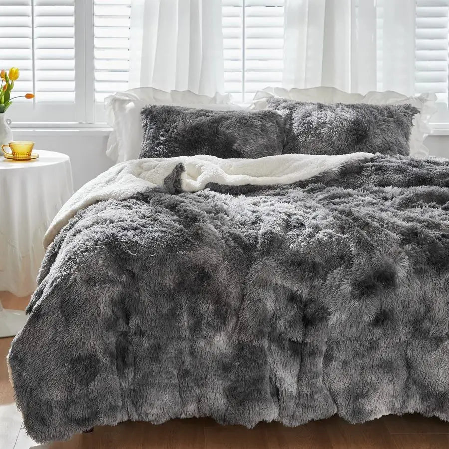 Faux Fur Shaggy Comforter Set Full Queen Size, Plush amp Sherpa Reversible Comforter Tie Dye Black, 3 Pieces Fluffy Fuzzy Beddin