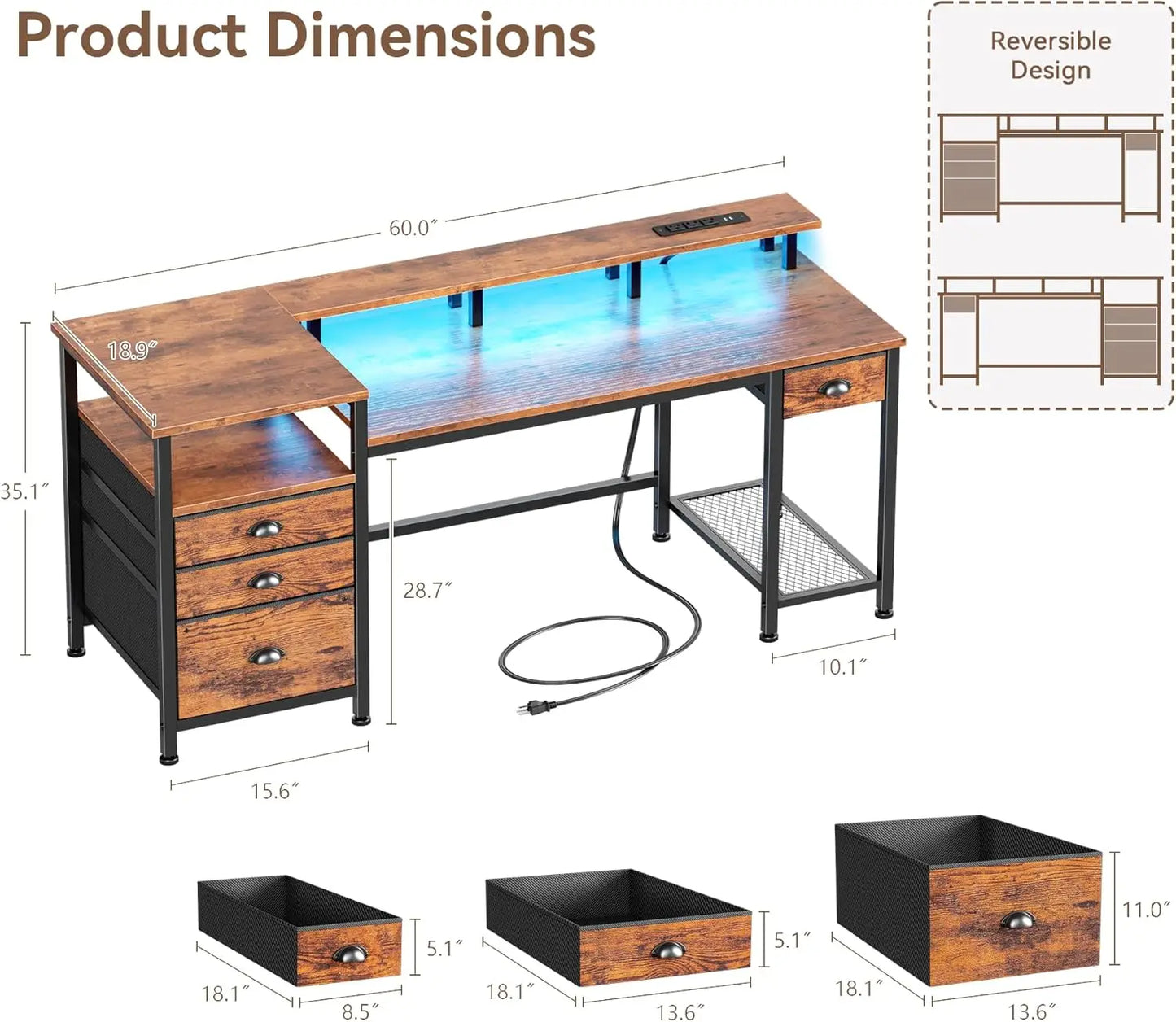 L Shaped Computer Desk With File Cabinet Led Lights