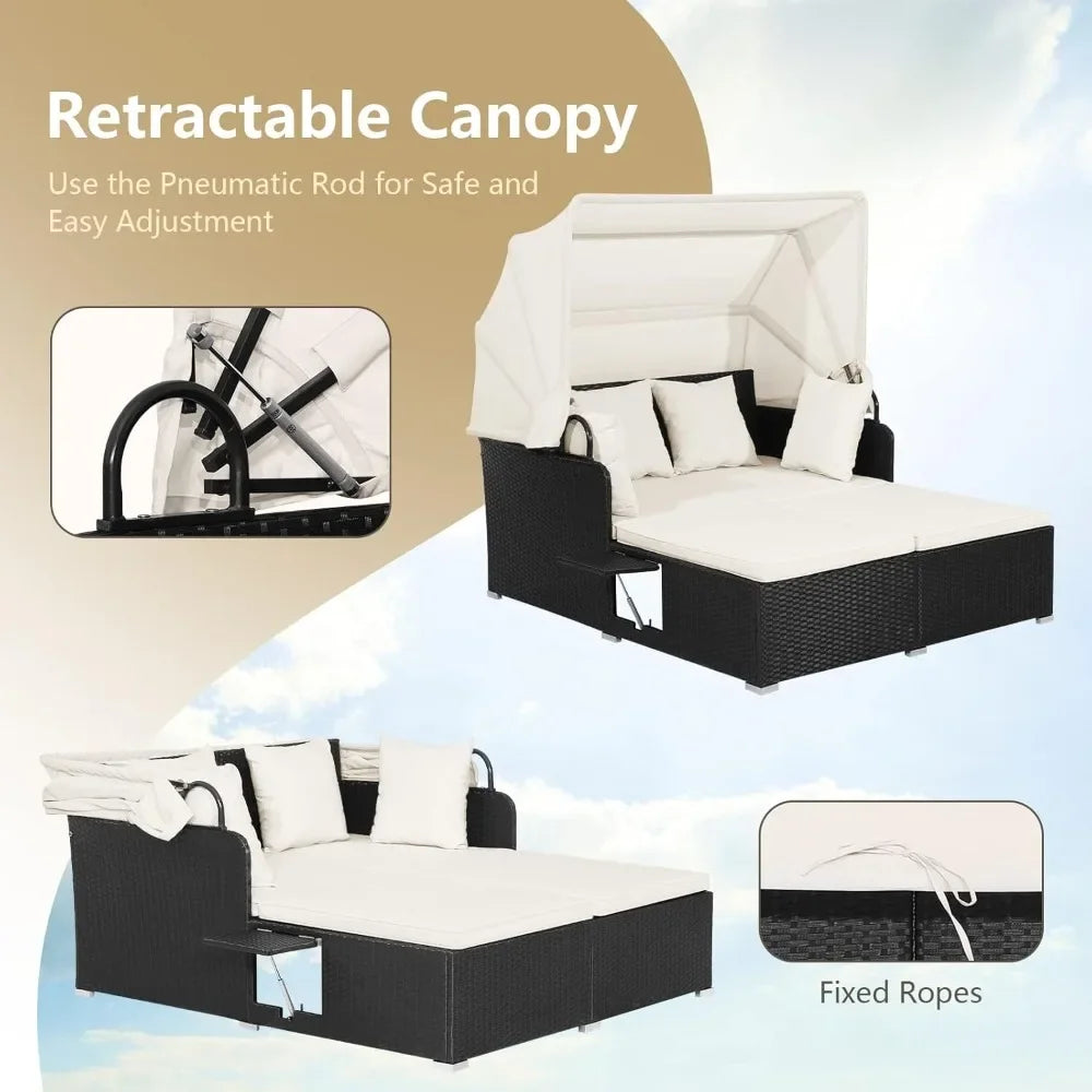 Outdoor Wicker Daybed With Retractable Canopy Cushions And Pillows