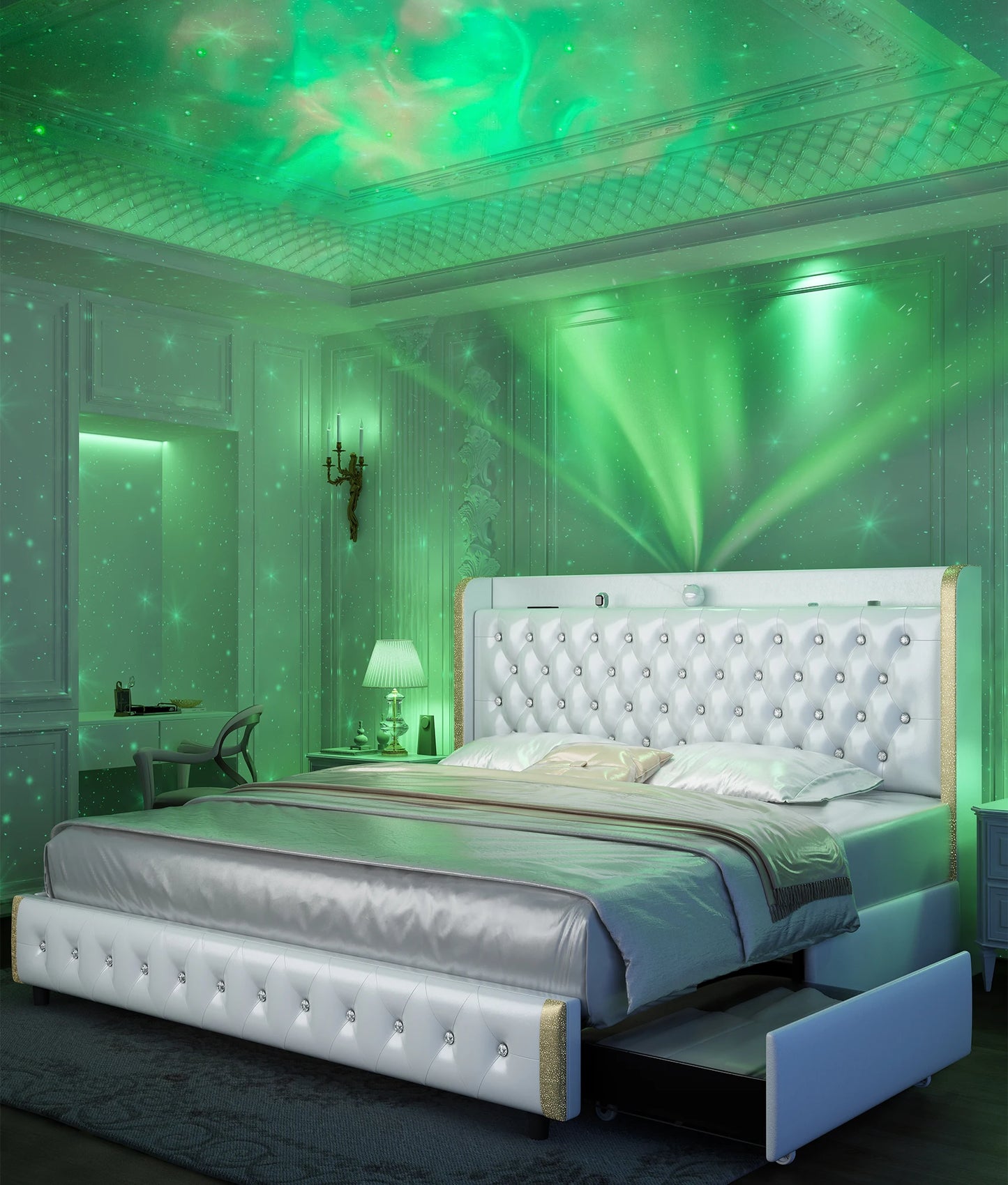 GEGOFORU LED Bed Frame Galaxy Projector Bluetooth USB Ports