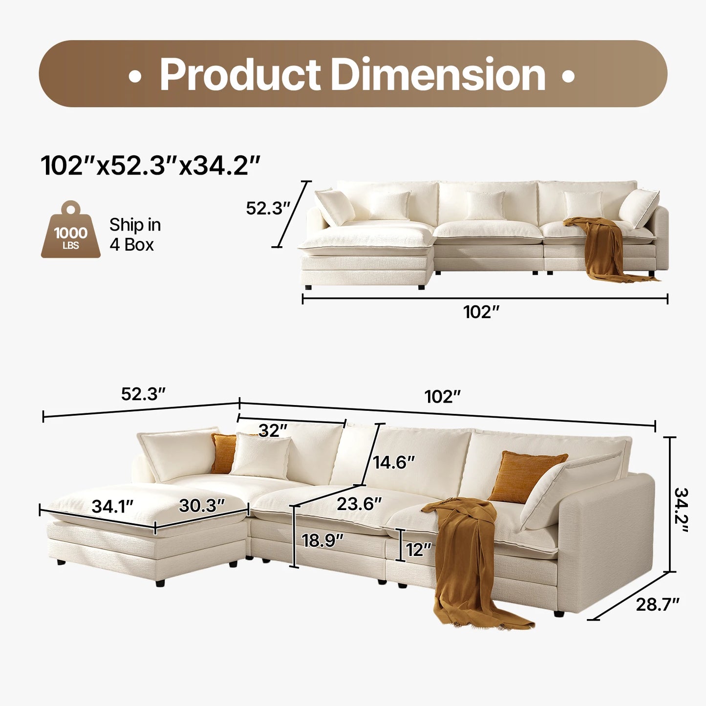 QWCCN Modern L Shaped Velvet Modular Sectional Sofa With Ottoman
