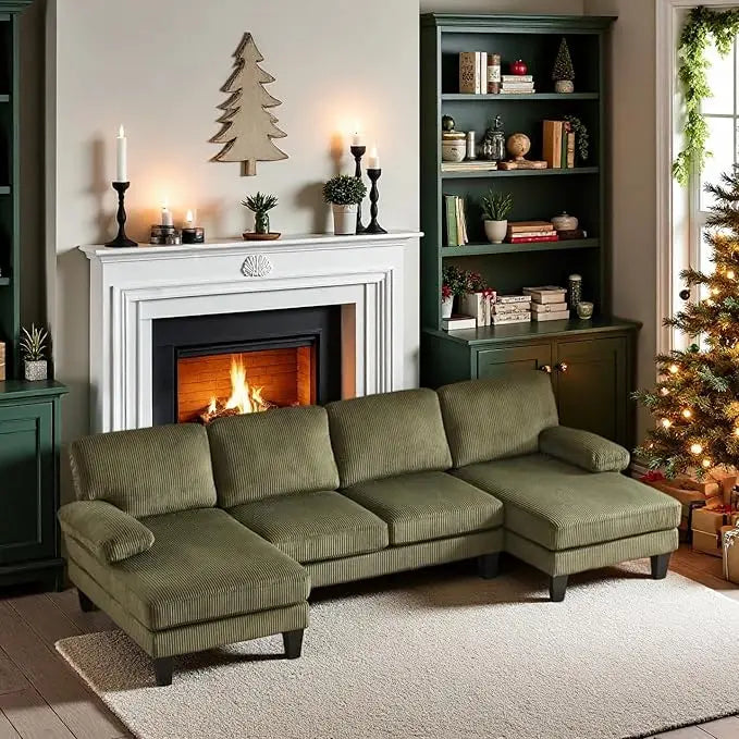 U Shaped Sectional Sofa With Double Chaise Corduroy Fabric