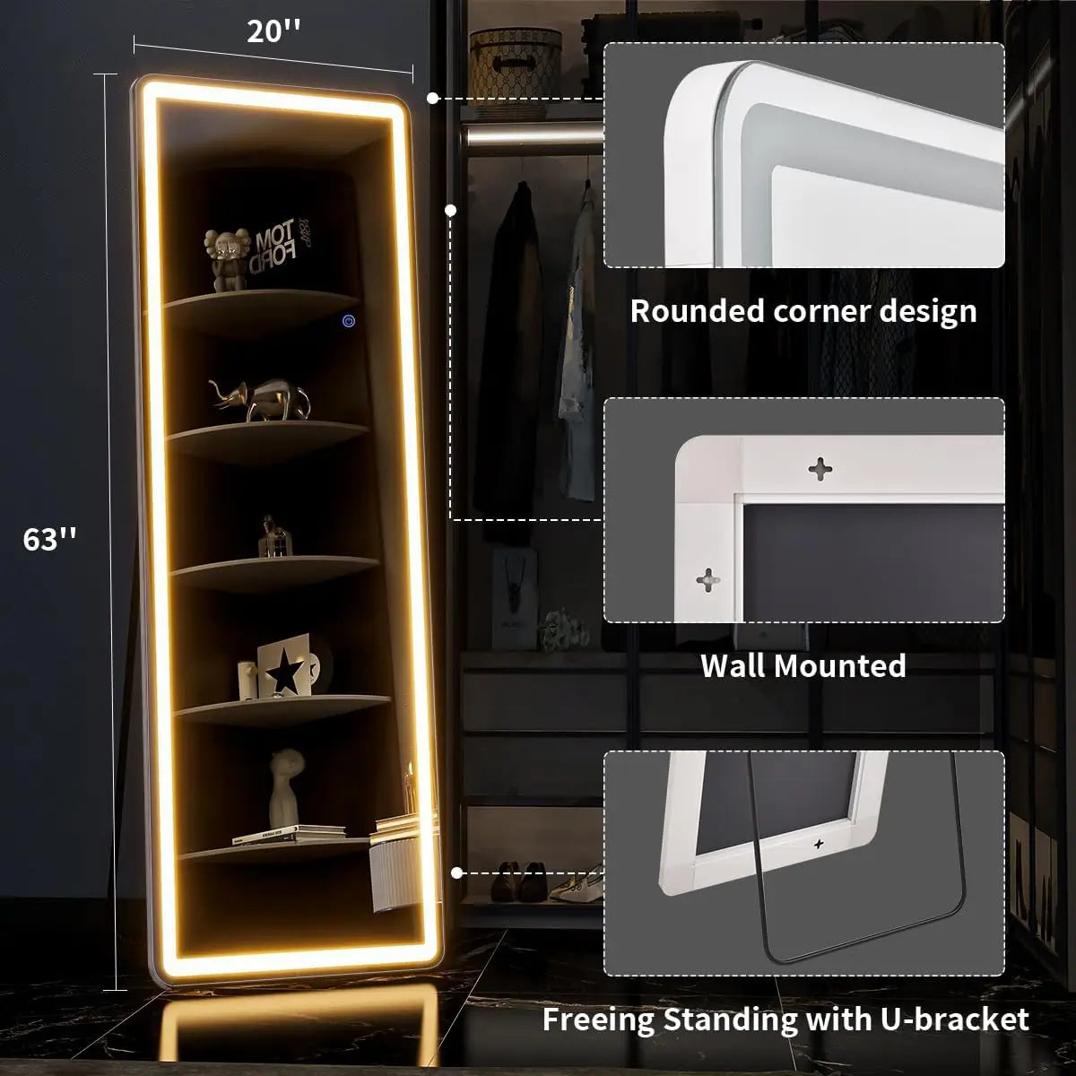 Koonmi Premium LED Contemporary Bedroom Mirror With Integrated Illumination Stand