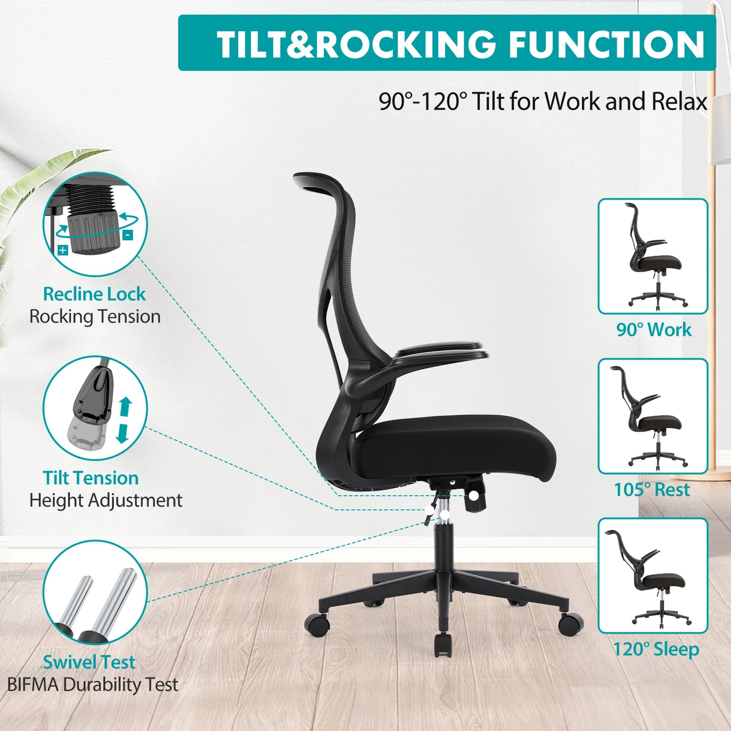JHK Mesh Lumbar Ergonomic Office Chair With Flip Up Arms And Adjustable Seat Height