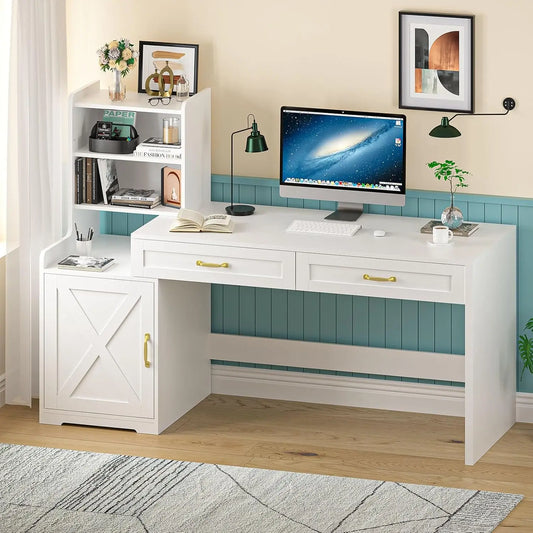 L Shape Bamboo Computer Desk With Drawers And Bookshelves
