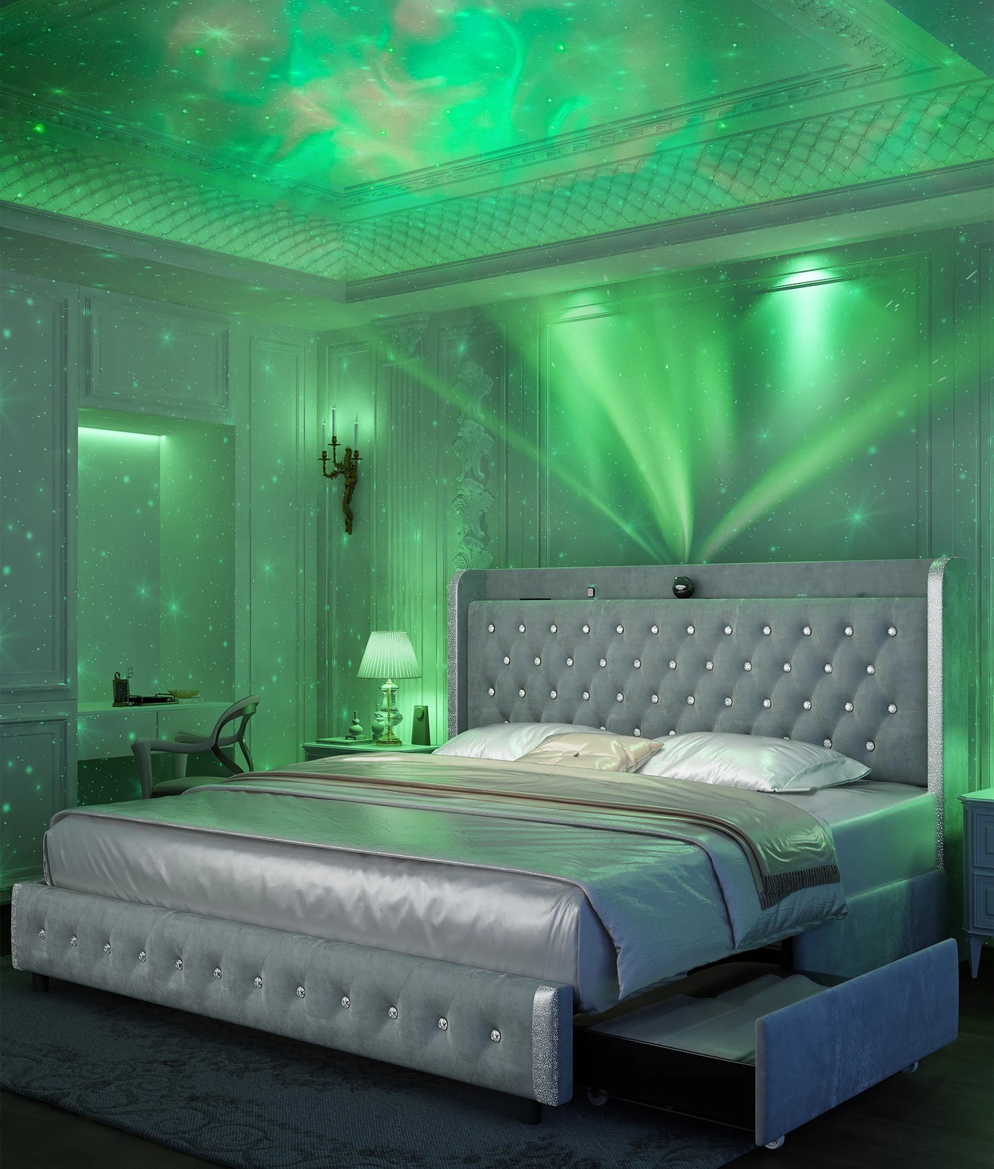 GEGOFORU LED Bed Frame Galaxy Projector Bluetooth USB Ports