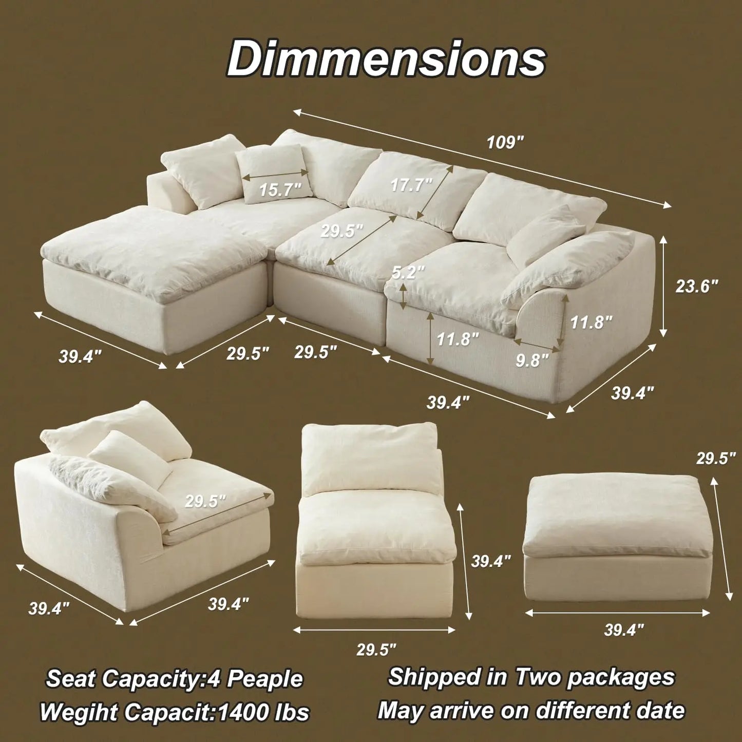 Cloud Sectional Sofa Living Room With Modular L Shaped Chaise