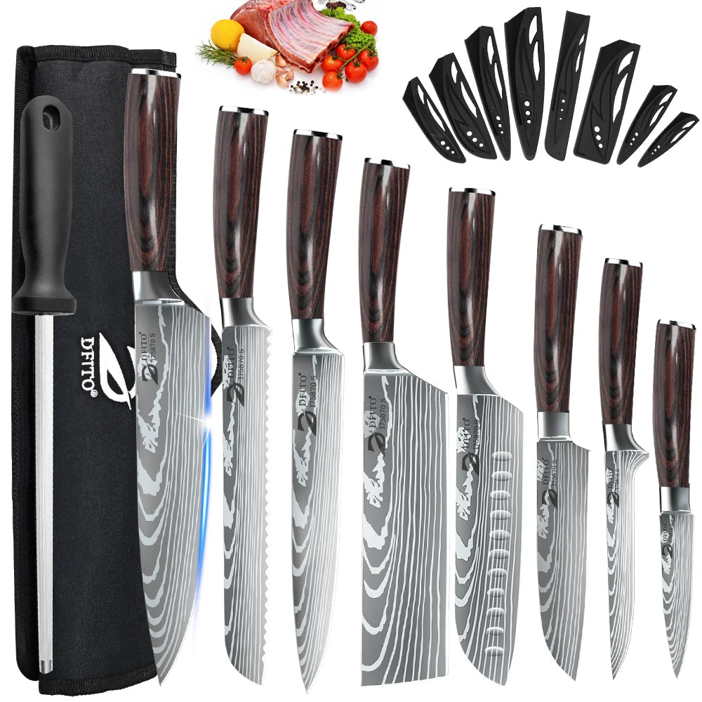 Kitchen Knife Set Stainless Steel Santoku Cleaver With Nylon Bag