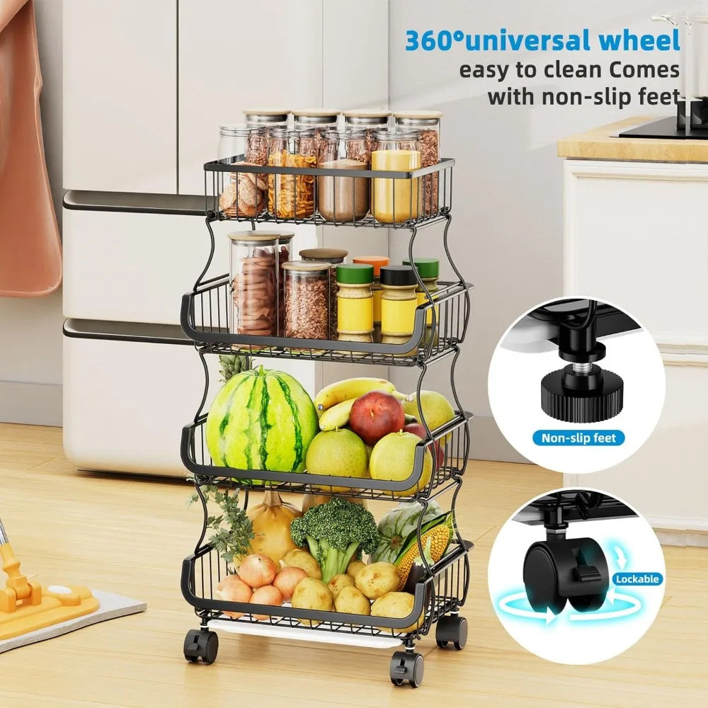 4 Tier Rolling Cart With Wheels And Two Hanging Baskets For Kitchen Storage Metal Wire