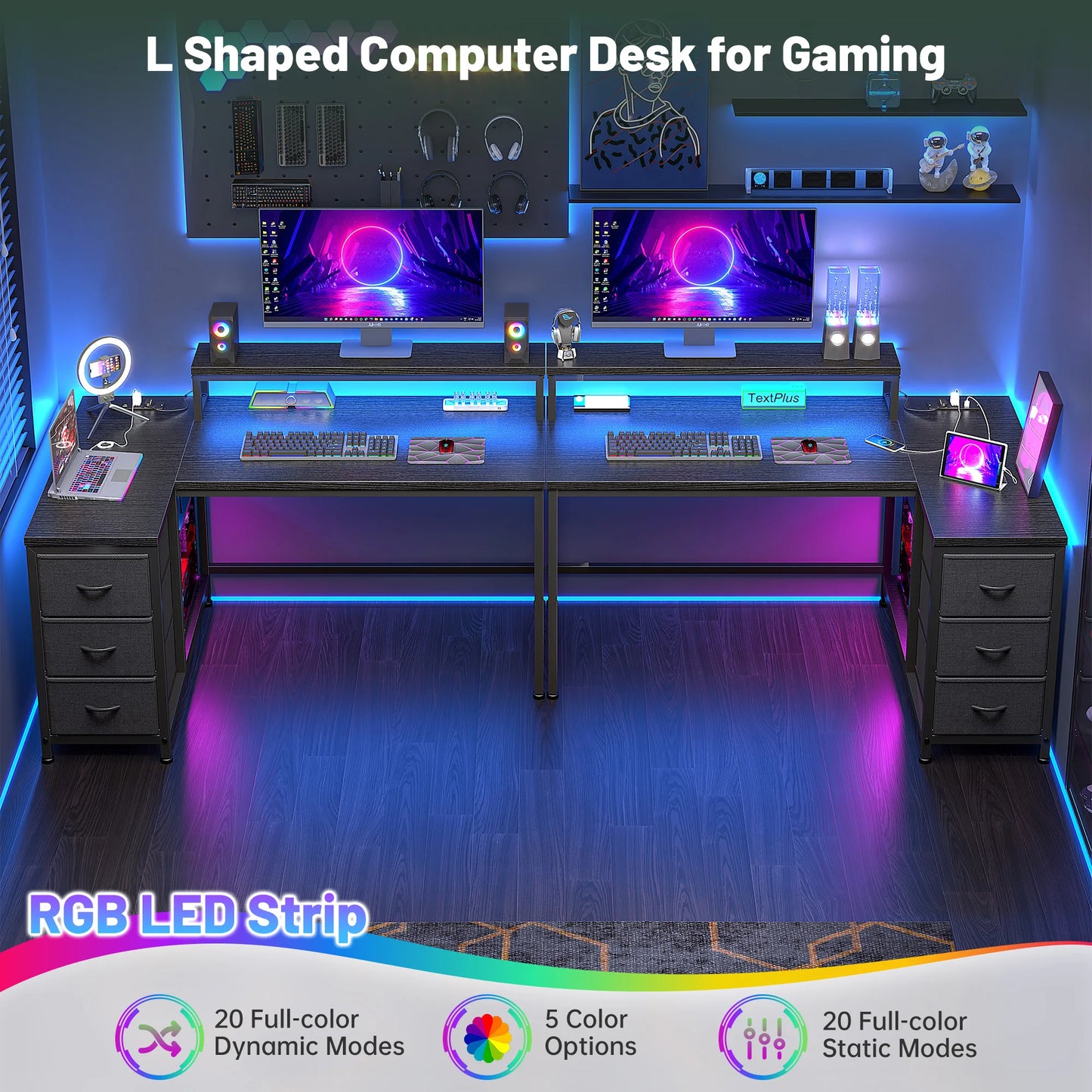 EnHomee L Shaped Gaming Desk With LED Lights USB Outlet