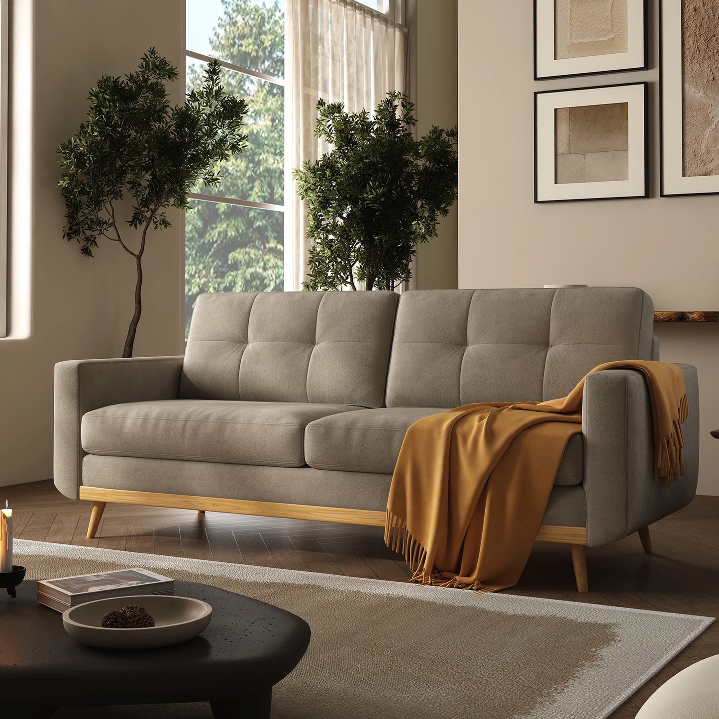 QWCCN Mid-Century Modern Loveseat Sofa With Wooden Legs