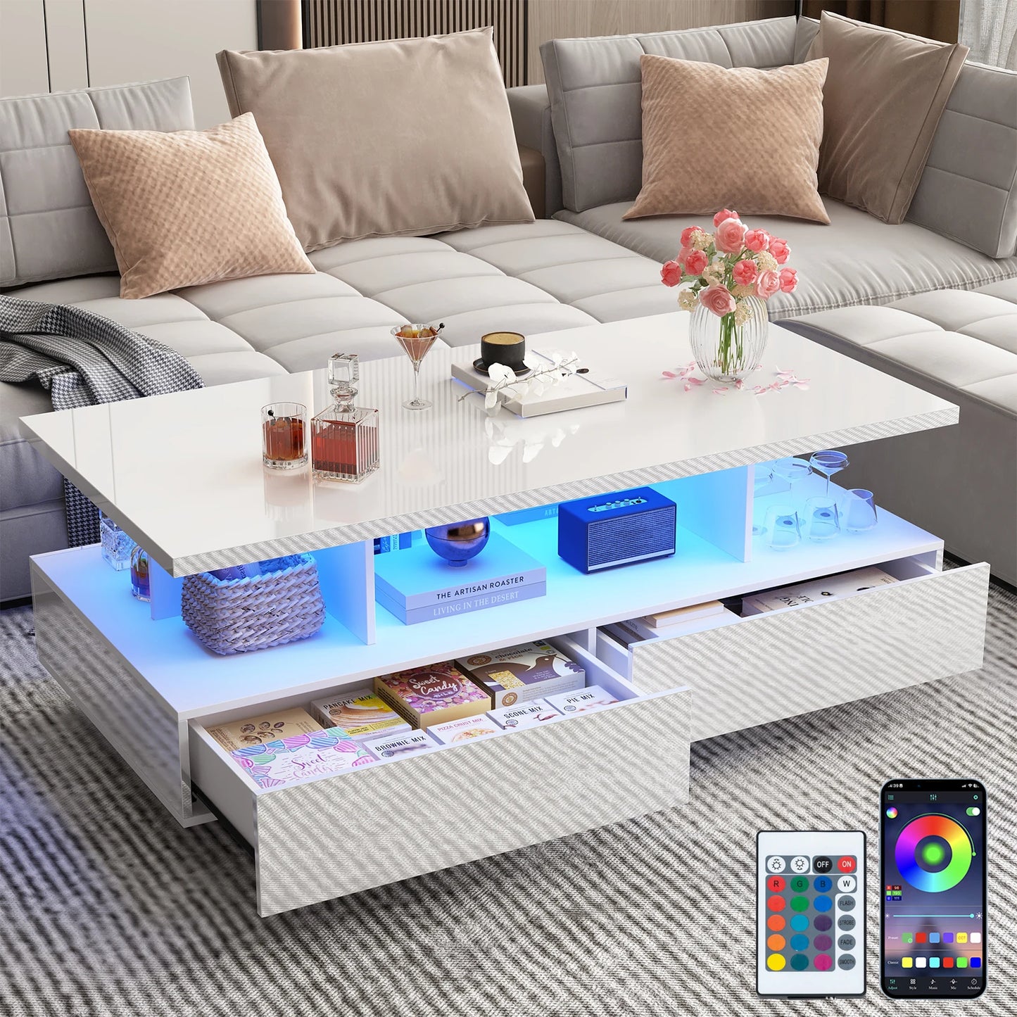 QiaoShiRen LED Coffee Table With Two Storage Drawers Modern