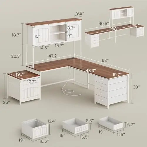 Farmhouse L Shaped Desk with 6 Drawers and Power Outlet