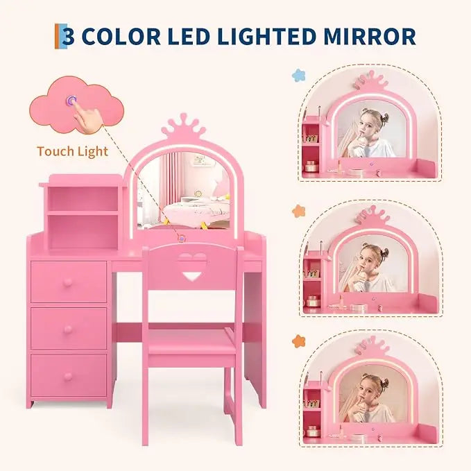 HiMISS Kids Vanity With Lights 2 In 1 Princess Makeup