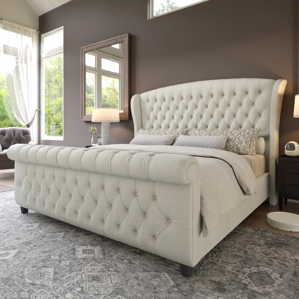 Platform Bed Frame With Scroll Wingback Headboard Footboard Velvet Upholstery