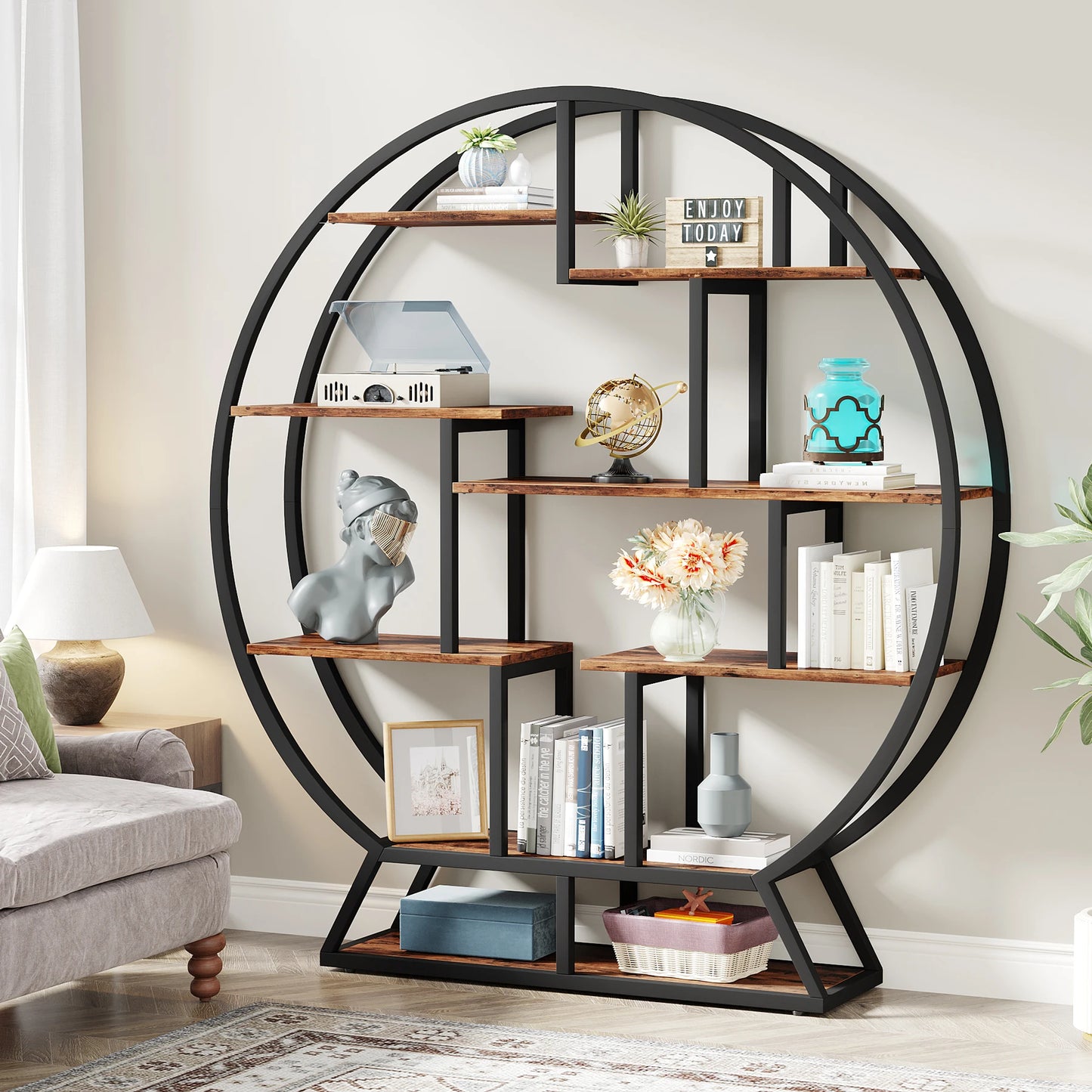 Tribesigns Round Etagere Bookshelf Five Tier Wood Bookcase