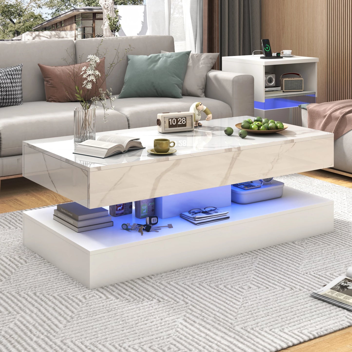 QiaoShiRen Modern Coffee Table With LED Lights And Drawers