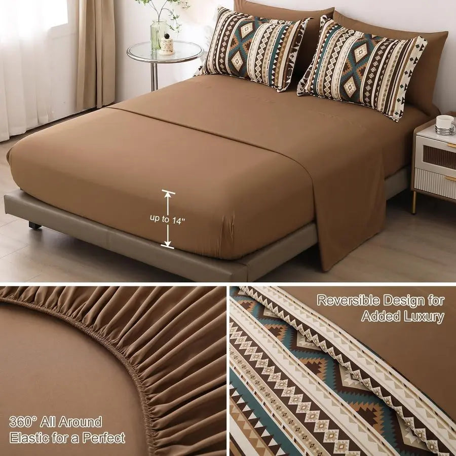 Brown Boho Comforter Set Queen Size,7 Pieces Bed in a Bag Queen Coffee Aztec Bedding Sets with Sheets Bohemian Geometric Striped