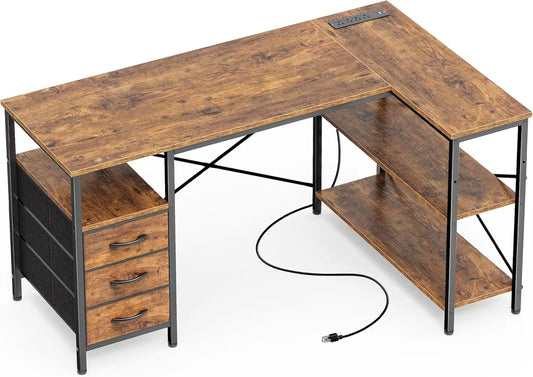 L-Shaped Office Desk With Power Outlets, 3 Drawers, Shelves
