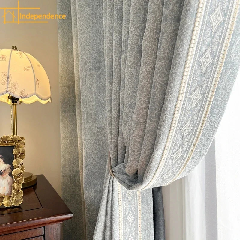 French Retro Dark Texture Chenille Grey Blue Lace Splicing Curtains for Bedroom Living Room French Window Balcony Customized