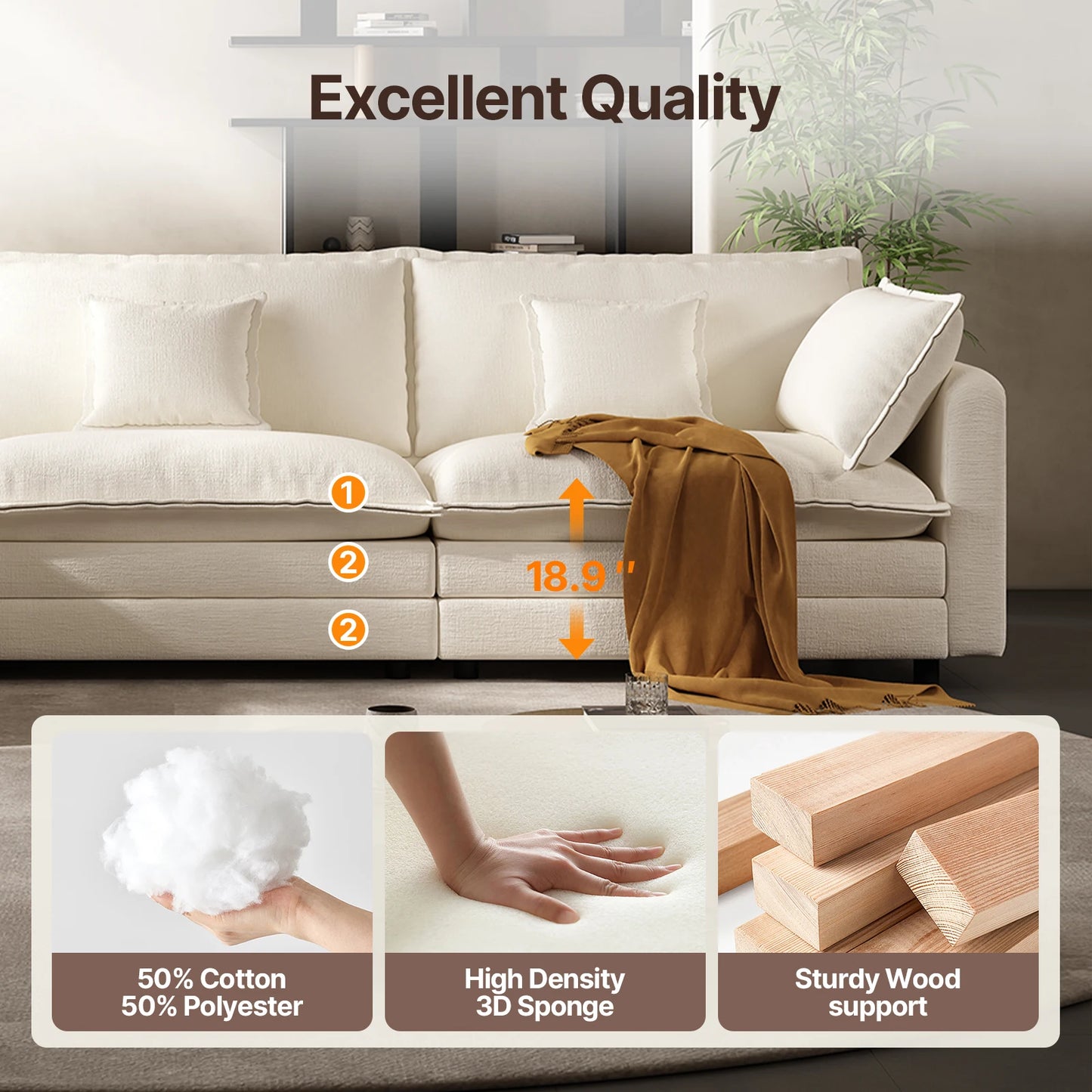 QWCCN Modern L Shaped Velvet Modular Sectional Sofa With Ottoman